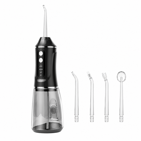 Black Rechargeable Water Flosser Oral Irrigator with 3 Pressure Modes & 4 Nozzles - 380ml Detachable Tank, Type-C Charging, 0.6MM Fine Water Flow and 1600 Pulses Per Minute