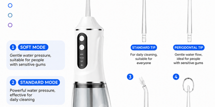 Pink Rechargeable Water Flosser Oral Irrigator with 3 Pressure Modes & 4 Nozzles - 380ml Detachable Tank, Type-C Charging, 0.6MM Fine Water Flow and 1600 Pulses Per Minute