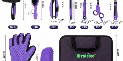 Pet Grooming & Cleaning Kit 9 Piece Set with Shedding Brush, Steel Comb + Scissors, Nail Clippers + File, Bath Brush + Massage Glove, 3 Head Toothbrush and Storage Bag for Dog & Cat