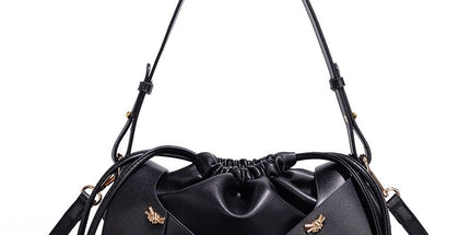 Handwoven PU Leather Drawstring Shoulder Crossbody Bag, Large Capacity Stylish Commuter Handbag with Structured Shape & Alloy Deco, Black 29x10x15.5cm