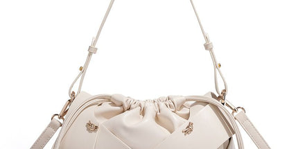 Handwoven PU Leather Drawstring Shoulder Crossbody Bag, Large Capacity Stylish Commuter Handbag with Structured Shape & Alloy Deco, White 29x10x15.5cm