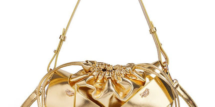 Handwoven PU Leather Drawstring Shoulder Crossbody Bag, Large Capacity Stylish Commuter Handbag with Structured Shape & Alloy Deco, Gold 29x10x15.5cm