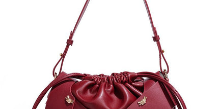 Handwoven PU Leather Drawstring Shoulder Crossbody Bag, Large Capacity Stylish Commuter Handbag with Structured Shape & Alloy Deco, Wine Red 29x10x15.5cm