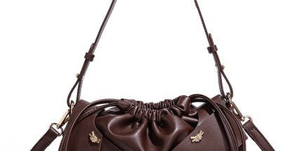Handwoven PU Leather Drawstring Shoulder Crossbody Bag, Large Capacity Stylish Commuter Handbag with Structured Shape & Alloy Deco, Coffee 29x10x15.5cm