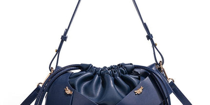Handwoven PU Leather Drawstring Shoulder Crossbody Bag, Large Capacity Stylish Commuter Handbag with Structured Shape & Alloy Deco, Blue 29x10x15.5cm