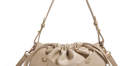Handwoven PU Leather Drawstring Shoulder Crossbody Bag, Large Capacity Stylish Commuter Handbag with Structured Shape & Alloy Deco, Khaki 29x10x15.5cm