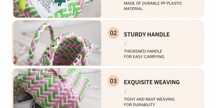 Handwoven Fresh PP Tote Bag with Upright Square Structure & Flower Deco, Durable Mini Spring Picnic Basket and Favour Handbag 16x16x9cm, Green Pink Contrastion