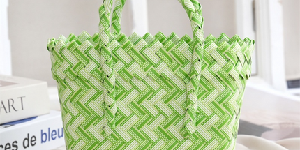 Handwoven Fresh PP Tote Bag with Upright Square Structure, Durable Mini Spring Picnic Basket and Favour Handbag 16x16x9cm, Green White Contrastion
