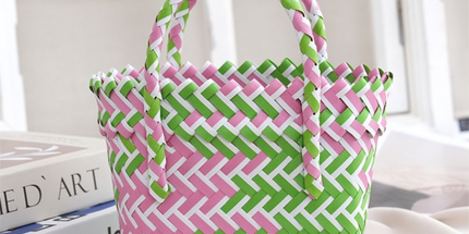 Handwoven Fresh PP Tote Bag with Upright Square Structure, Durable Mini Spring Picnic Basket and Favour Handbag 16x16x9cm, Green Pink Contrastion