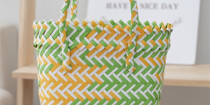 Handwoven Fresh PP Tote Bag with Upright Square Structure & Flower Deco, Durable Mini Spring Picnic Basket and Favour Handbag 16x16x9cm, Green Yellow Contrastion