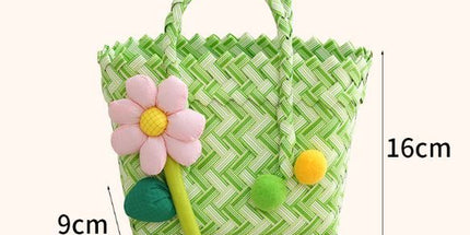 Handwoven Fresh PP Tote Bag with Upright Square Structure & Flower Deco, Durable Mini Spring Picnic Basket and Favour Handbag 16x16x9cm, Green Yellow Contrastion