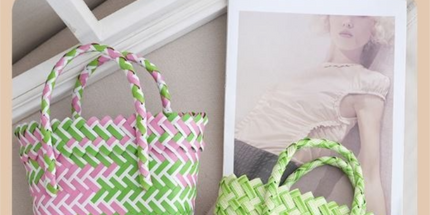 Handwoven Fresh PP Tote Bag with Upright Square Structure & Flower Deco, Durable Mini Spring Picnic Basket and Favour Handbag 16x16x9cm, Pink Yellow Contrastion