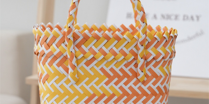 Handwoven Fresh PP Tote Bag with Upright Square Structure & Flower Deco, Durable Mini Spring Picnic Basket and Favour Handbag 16x16x9cm, Orange Yellow Contrastion