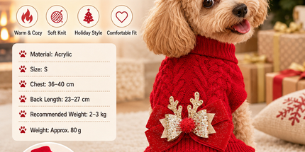Red  S Size Reindeer antler design bow-knot Christmas Pet Knitted Dress - Acrylic Dog and Cat Jumper, Lightweight Festive Winter Outfit for Pets, Holiday Photos and Celebrations