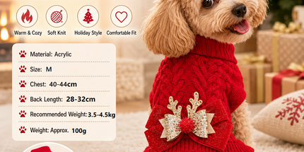 Red  M Size Reindeer antler design bow-knot Christmas Pet Knitted Dress - Acrylic Dog and Cat Jumper, Lightweight Festive Winter Outfit for Pets, Holiday Photos and Celebrations