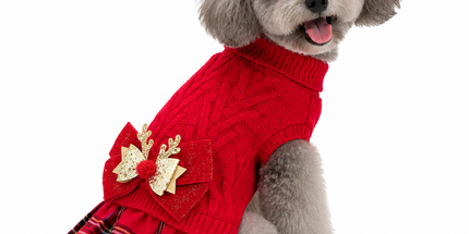 Red  L Size Reindeer antler design bow-knot Christmas Pet Knitted Dress - Acrylic Dog and Cat Jumper, Lightweight Festive Winter Outfit for Pets, Holiday Photos and Celebrations