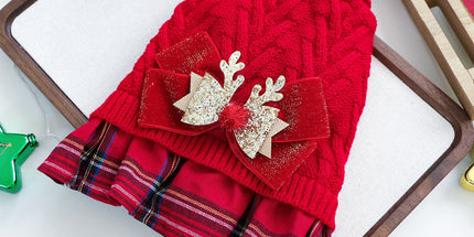 Red  L Size Reindeer antler design bow-knot Christmas Pet Knitted Dress - Acrylic Dog and Cat Jumper, Lightweight Festive Winter Outfit for Pets, Holiday Photos and Celebrations