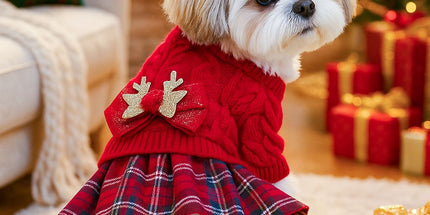 Red  XL Size Reindeer antler design bow-knot Christmas Pet Knitted Dress - Acrylic Dog and Cat Jumper, Lightweight Festive Winter Outfit for Pets, Holiday Photos and Celebrations