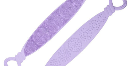 Purple 90cm Silicone Back Scrubber Long Exfoliating Bath Strap - Double Sided Massage Texture, Non Slip Grip Handles, Deep Cleansing Shower Tool for Home Spa