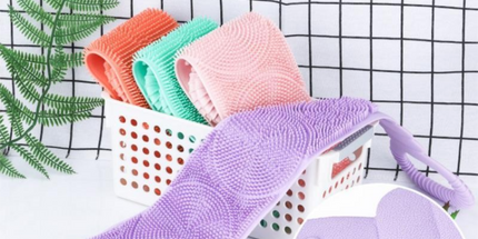 Purple 90cm Silicone Back Scrubber Long Exfoliating Bath Strap - Double Sided Massage Texture, Non Slip Grip Handles, Deep Cleansing Shower Tool for Home Spa