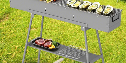 Portable Charcoal Grill Rectangular Folding Stainless Steel BBQ Grill L100xW18cm For Skewer and Kebabs with Storage Shelf Outdoor Camping Patio Cooking