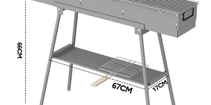 Portable Charcoal Grill Rectangular Folding Stainless Steel BBQ Grill L100xW18cm For Skewer and Kebabs with Storage Shelf Outdoor Camping Patio Cooking