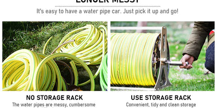 Large Stainless Steel Garden Hose Reel Cart Portable Pipe Holder Heavy Duty Water Pipe Storage Rack With Crank Handle for 1/2inch Hose up to 60M