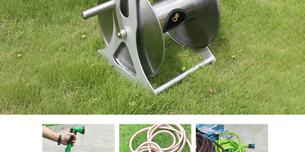 Large Stainless Steel Garden Hose Reel Cart Portable Pipe Holder Heavy Duty Water Pipe Storage Rack With Crank Handle for 1/2inch Hose up to 60M