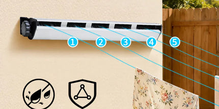 5 Line Retractable Clothesline 10m Heavy Duty Wall-Mounted Iron Clothes Dryer Outdoor Indoor Drying Rack Rope Hanger for Wet Dry Clothing Bathroom