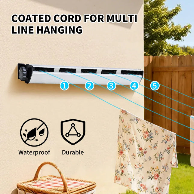 5 Line Retractable Clothesline 10m Heavy Duty Wall-Mounted Iron Clothes Dryer Outdoor Indoor Drying Rack Rope Hanger for Wet Dry Clothing Bathroom