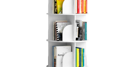 4 Tier Rotating Bookshelf PVC Freestanding Corner Rack Bookcase Multifunctional Spinning 360 Storage Shelf Organizer for Home Office Space-Saving White
