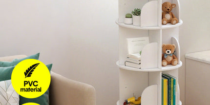 4 Tier Rotating Bookshelf PVC Freestanding Corner Rack Bookcase Multifunctional Spinning 360 Storage Shelf Organizer for Home Office Space-Saving White