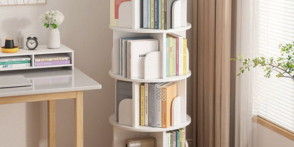 4 Tier Rotating Bookshelf PVC Freestanding Corner Rack Bookcase Multifunctional Spinning 360 Storage Shelf Organizer for Home Office Space-Saving White