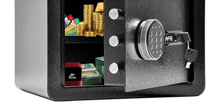 All Steel Safety Box Wall Mountable Fireproof Mini Safe Box Keypad and Key Dual Unlock Methods with Removable Shelf for Home Office Hotel Money Safe