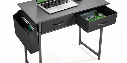 80cm Study Desk Home Office Computer Desk with 2 Fabric Drawers Side Pocket and Hook Modern Small Writing Table for Bedroom Dorm Small Spaces Black