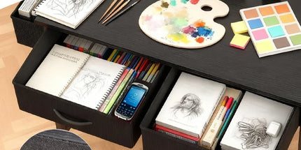 80cm Study Desk Home Office Computer Desk with 2 Fabric Drawers Side Pocket and Hook Modern Small Writing Table for Bedroom Dorm Small Spaces Black