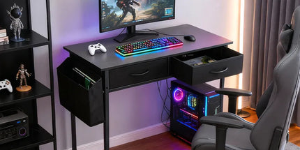 80cm Study Desk Home Office Computer Desk with 2 Fabric Drawers Side Pocket and Hook Modern Small Writing Table for Bedroom Dorm Small Spaces Black