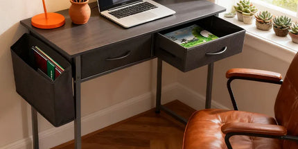 80cm Study Desk Home Office Computer Desk with 2 Fabric Drawers Side Pocket and Hook Modern Small Writing Table for Bedroom Dorm Small Spaces Black