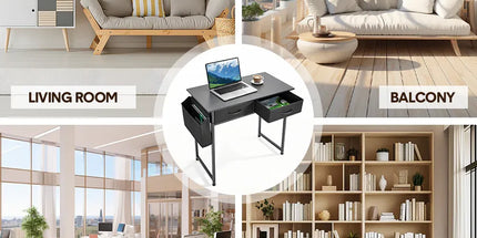 80cm Study Desk Home Office Computer Desk with 2 Fabric Drawers Side Pocket and Hook Modern Small Writing Table for Bedroom Dorm Small Spaces Black